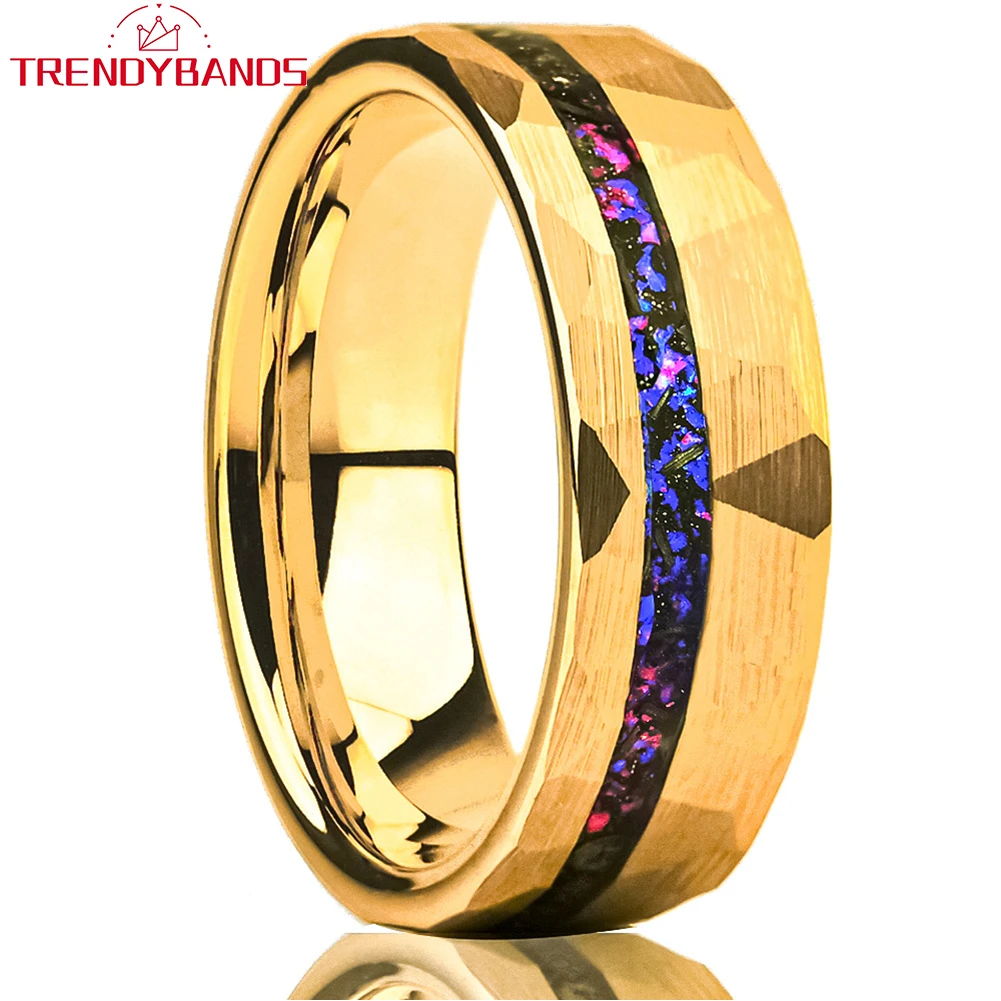 8mm Tungsten Carbide Hammered Ring for Men Women Blue Purple Opal Inlay Fashion Engagement Wedding Band Comfort Fit