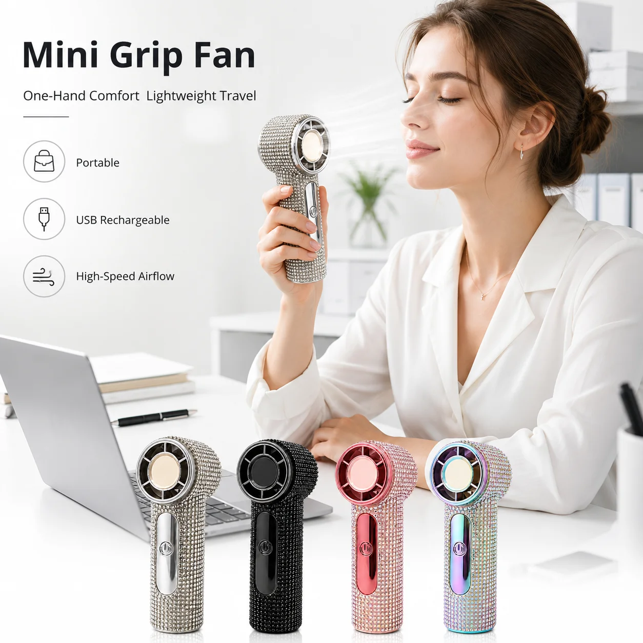 Portable Handheld Fan Speed Diamond Studded Mini Fan LED Digital Display Type C USB Rechargeable Strong Airflow for Outdoor
