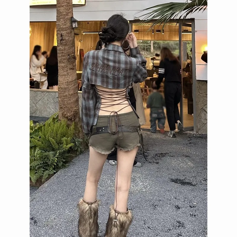 Deeptown Y2k Vintage Plaid Sexy Backless Women Shirt Detachable Sleeve American Fashion Aesthetic Blouses Slim Gyaru Summer 2025