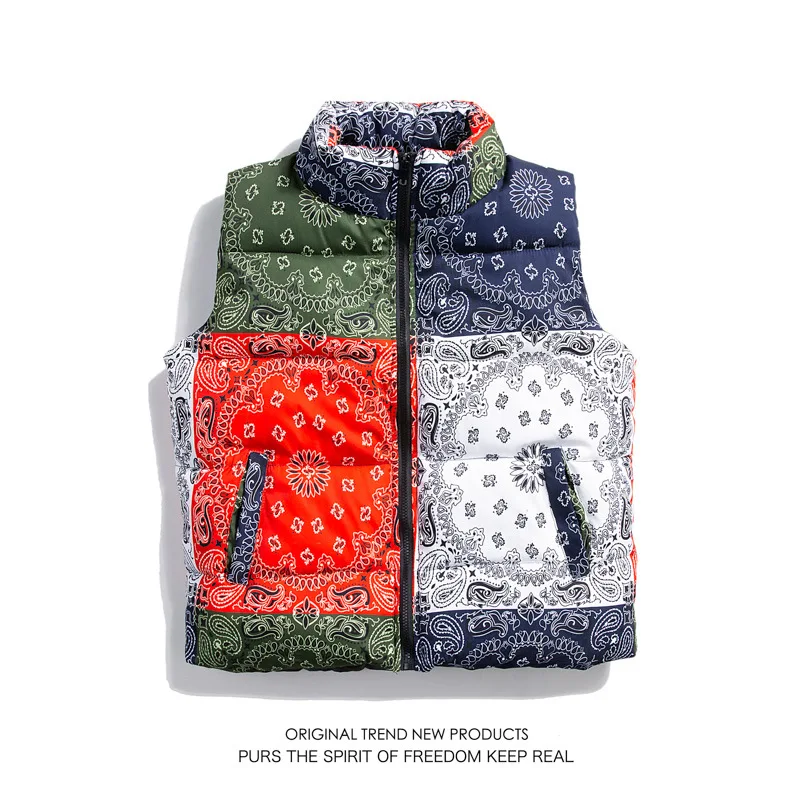 

Cashew flower vest men's autumn and winter trendy brand thickened outer wear color matching couple wear down cotton vest