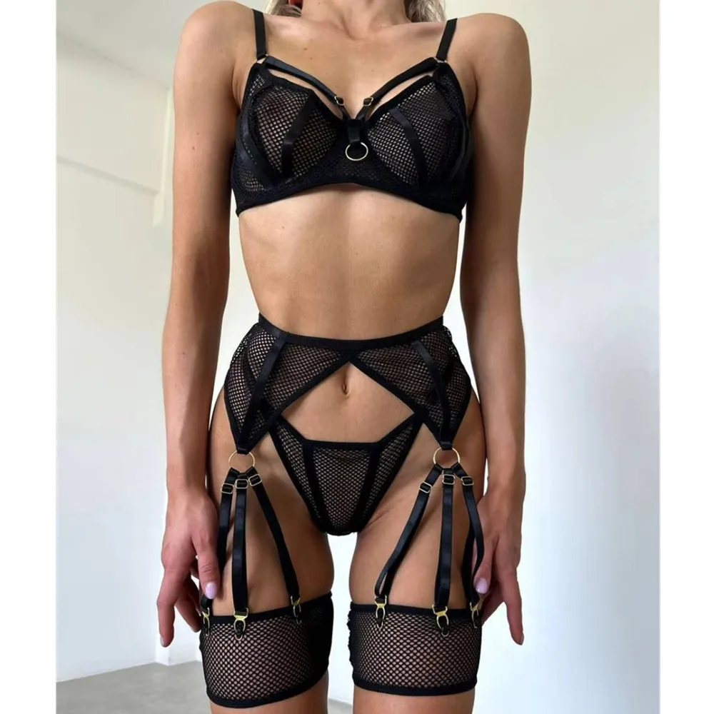 

Cross-border hot-selling European and American mesh lace bra and thong set with steel ring sexy transparent four-piece set for w