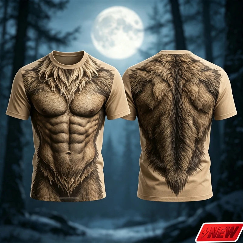 Men 3D Print Fake Wolf Abdominal Muscle Fur Pattern T‑Shirt Fake Hairy Muscle Graphic Short Sleeve Tee Halloween Cosplay Tops