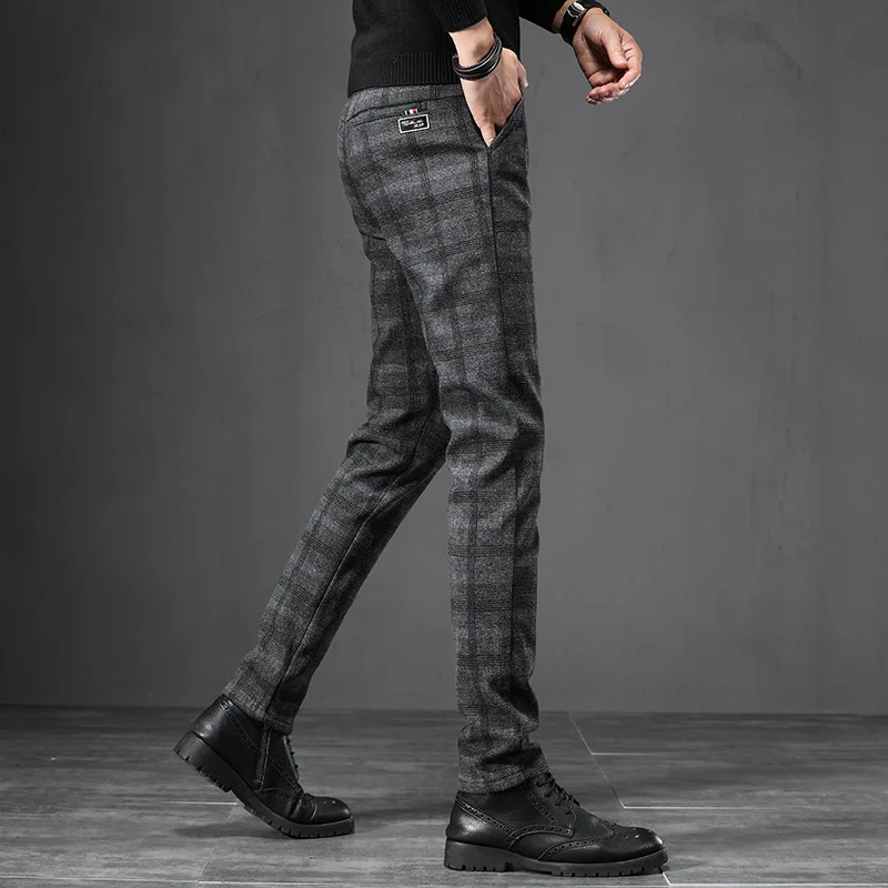 Autumn Men\'s Brushed Plaid Casual Pants Fashion Korean Elastic Cotton Slim Straight Work Trousers Brand Clothes Black Gray Blue