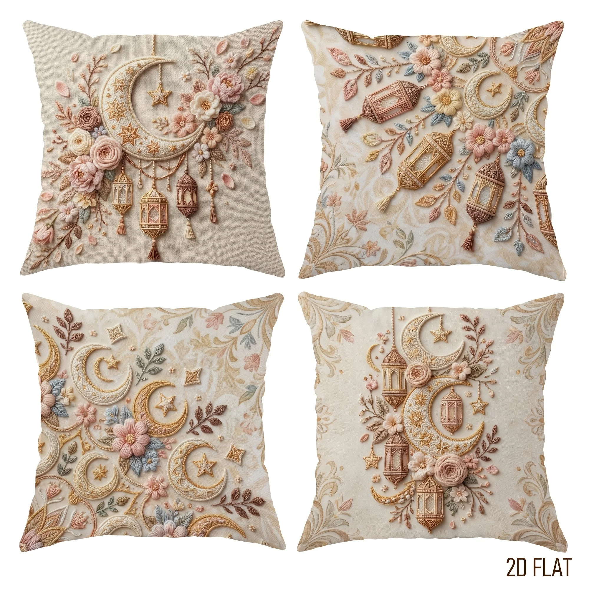 4pcs Ramadan Moon Star Lantern Cushion Cover Arabic Floral Pillow Case Polyester Home Decor Sofa Living Room Bedroom 2D Flat