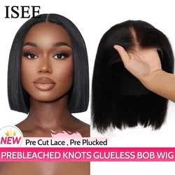 ISEE Hair 7x5 Wear Go Glueless Wigs Preplucked Straight Short Bob Prebleached Ready To Wear Wigs For Women PreCut Lace Wear Go