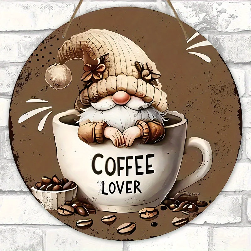 2D Flat, Adorable Gnome Coffee Cup Round Wooden Sign - 2D Flat Relief Coffee Lover Artwork, Handcrafted Wood Wall Decor for Cafe
