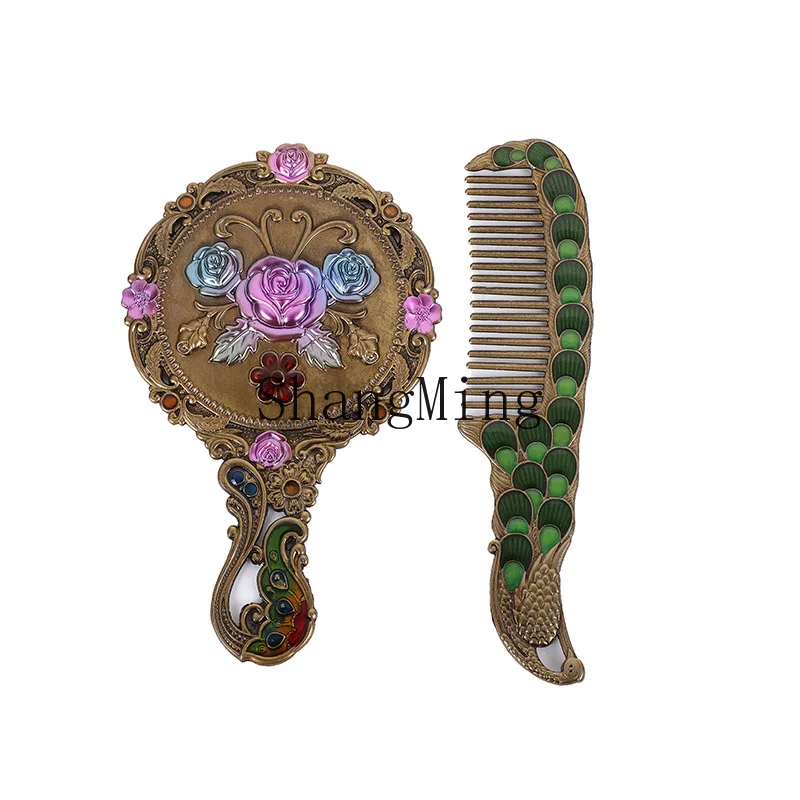 

PYH retro rose handle makeup mirror light luxury peacock mirror comb set portable metal small gift makeup mirror
