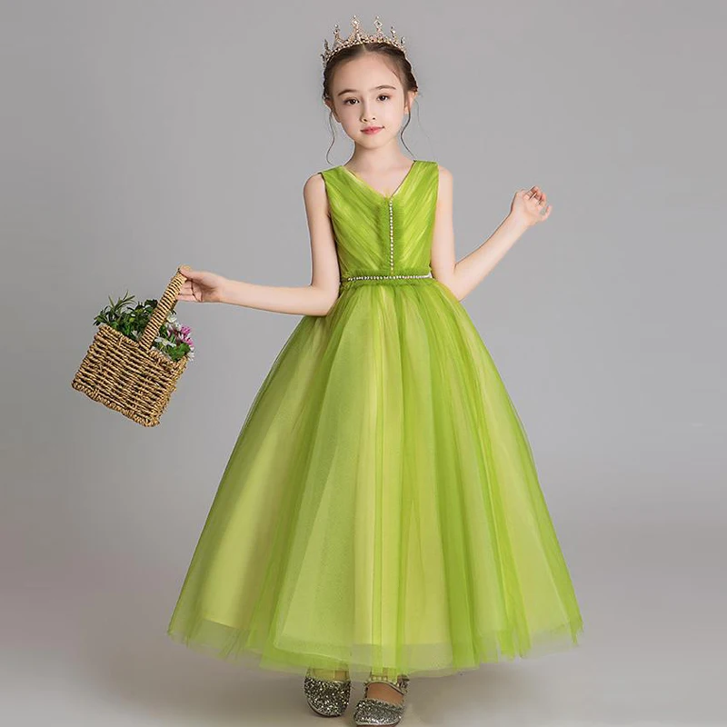 Meisjes V-hals Mouwloos Top Geplooid Tule Tienerjurk Klein concertjurk Junior bruidsmeisjesjurk Verjaardag Communie / Op maat