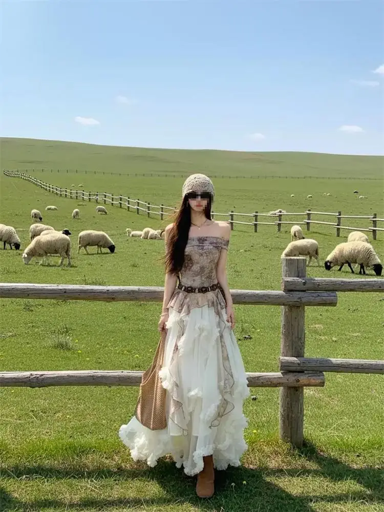 Travel Photography Outfit Women's Apocalyptic Style One Shoulder Top Skirt Set Irregular Hemline High Waist A-Line Skirt