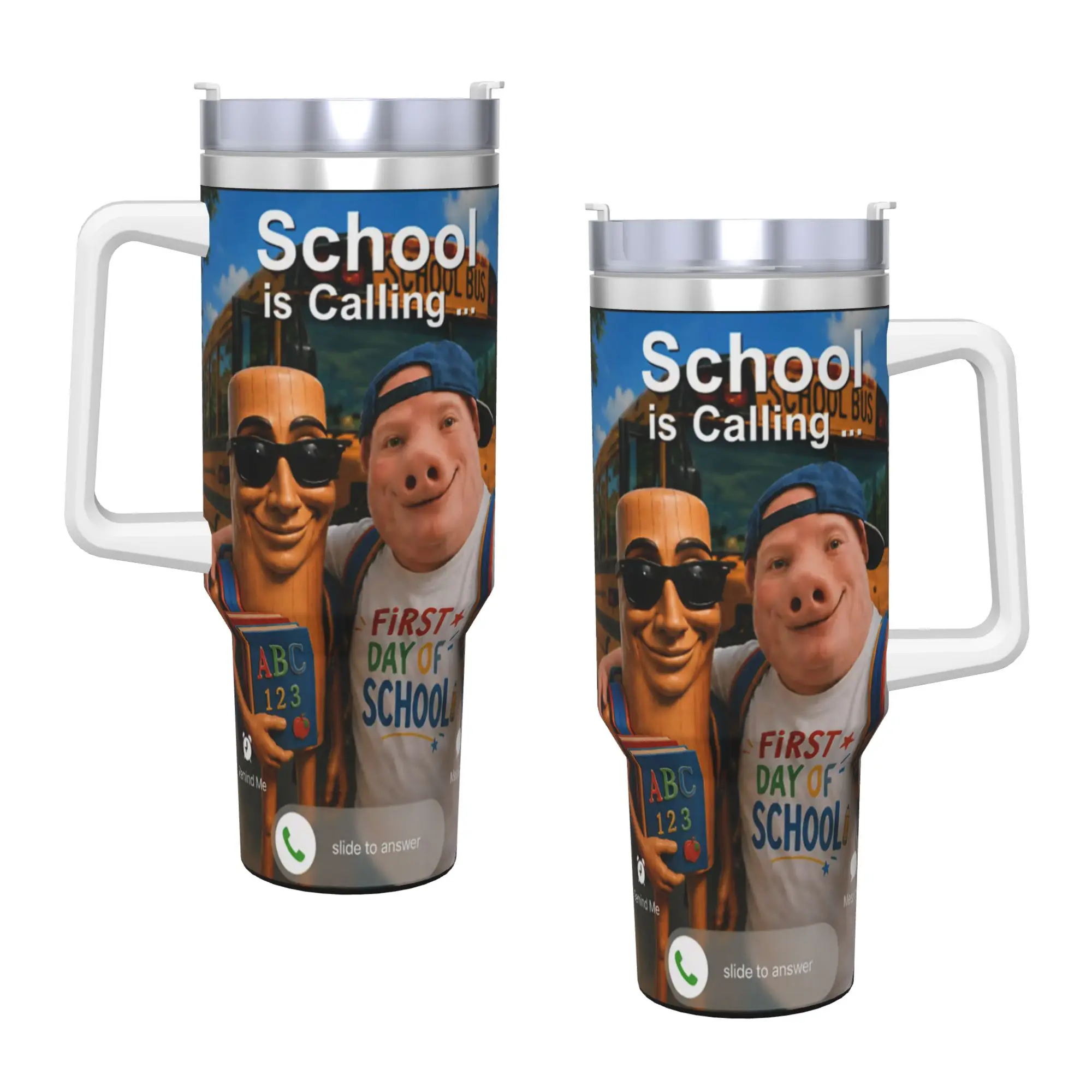 John Pork and Tung Tung Tung Sahur Back to School is Calling Stainless Steel Tumbler Beach Mugs Cup 40oz Coffee Mug