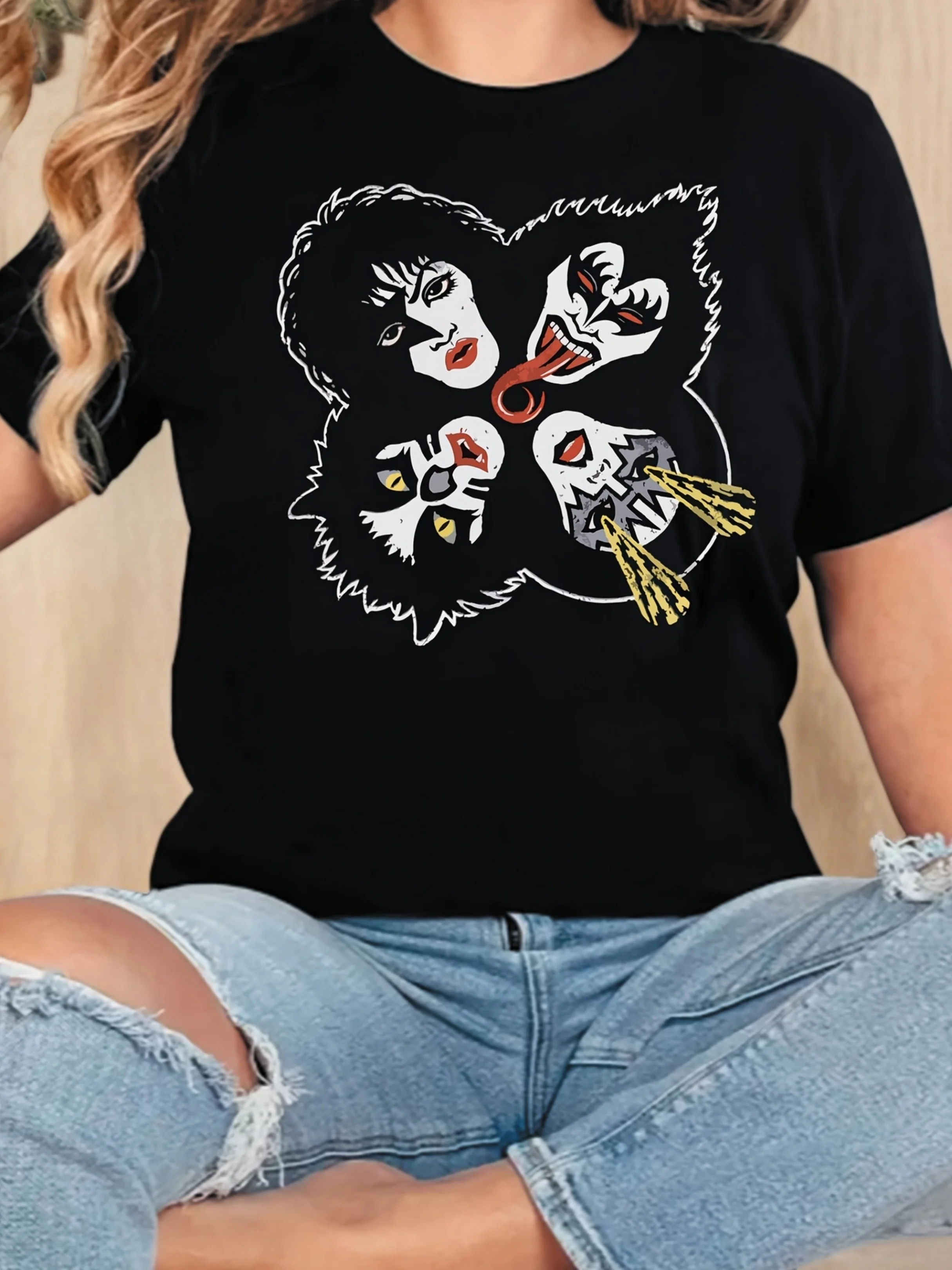 เสื้อยืดพิมพ์ลาย KISS Band ขนาดพิเศษของผู้หญิง - แขนสั้นลําลอง เสื้อคอกลมใส่สบายสําหรับฤดูใบไม้ผลิและฤดูร้อน