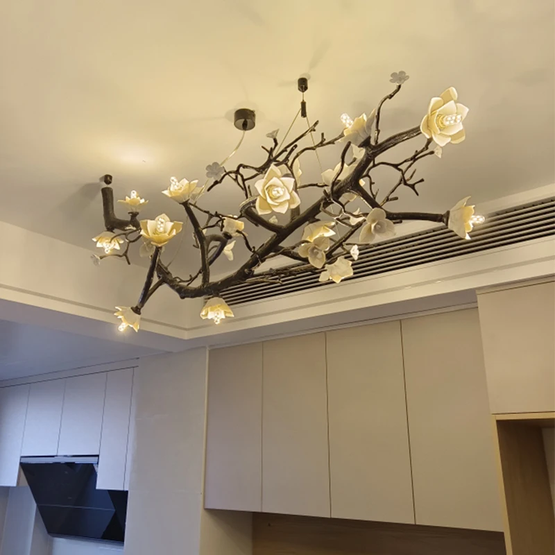 clearance sale Light luxury living room chandelier, all copper branches, ceramic magnolia flower art