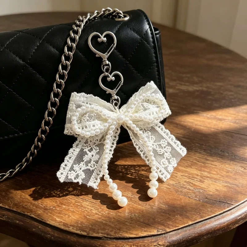 Sweet Handmade White Beaded Bowknot Lace Bag Charm Imitation Pearl Heart Pendant Keyring Exquisite Backpack Luggage Decorations