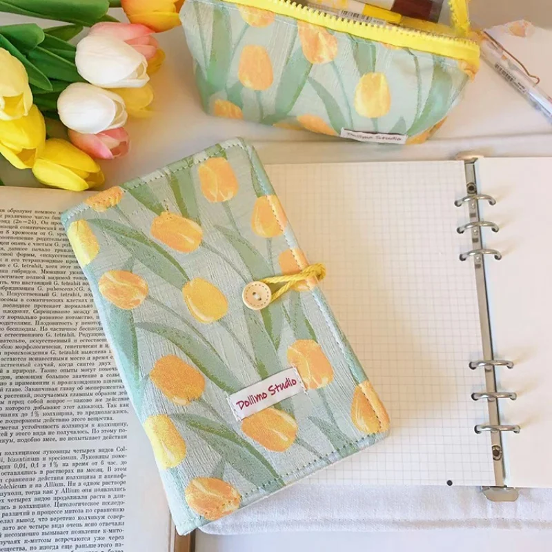 A6 Ins Tulip Fabric Cover Binder Handbook Girl Student Writing Grid and Blank Sketchbook Cute Portable Diary Journal Stationery