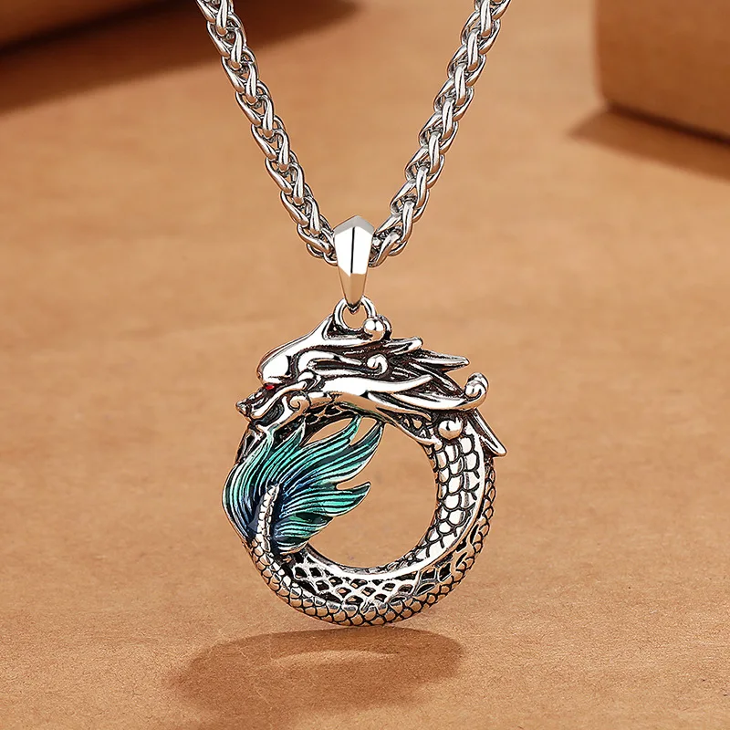 Fashion Drip Glue Animal Necklace for Men and Women Retro Round Auspicious Dragon Pendant Sweater Chain Jewelry Accessories Gift