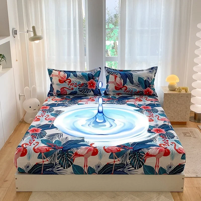 1 Pcs Waterproof Printed Fitted Bed Sheet Fashion Skin Friendly Mattress Topper with Elastic Band Full Queen Size Bed Cover