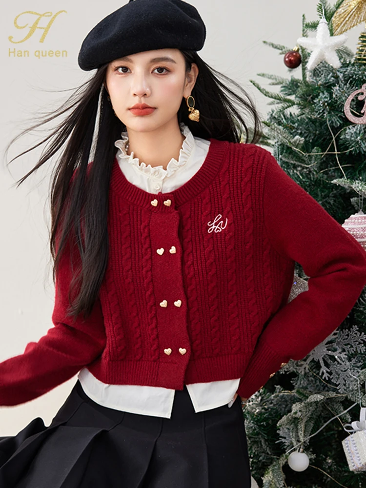 H Han Queen Korean Color Blocking Knitted Red Christmas Cardigan Sweater Women Casual Long Sleeve Autumn Vintage Sweaters Tops