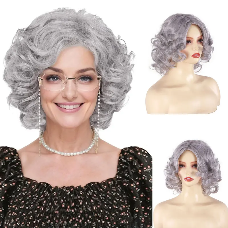 Silver Short Curly Gray Natural Wavy Wig Old La