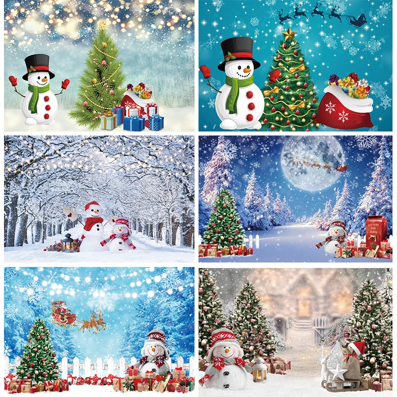 

Snowman Photography Backdrop Winter Forest Photo Background Christmas Snowflake Decoration Banner for Winter Birthday Party Deco