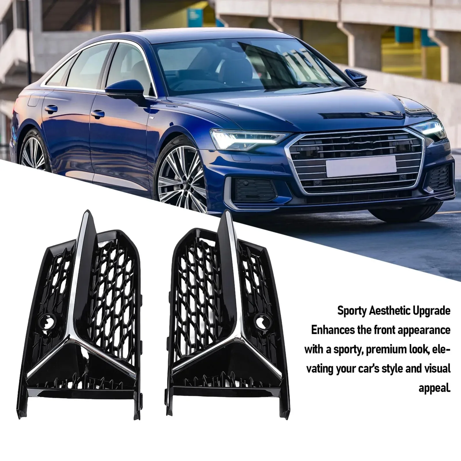 For Audi A6 S-Line S6 C8 2018-2025 Glossy Black/Chrome Pair Front Bumper Fog Light Grille Cover 4K0807151A Fog Lamp Bezel Grill