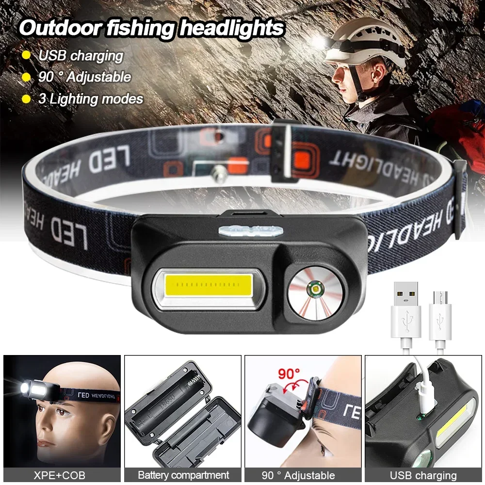 

Powerful LED+COB Headlamp USB Rechargeable Headlight Mini Head Flashlight 3 Modes Camping Fishing Torch Power By 18650 Battery