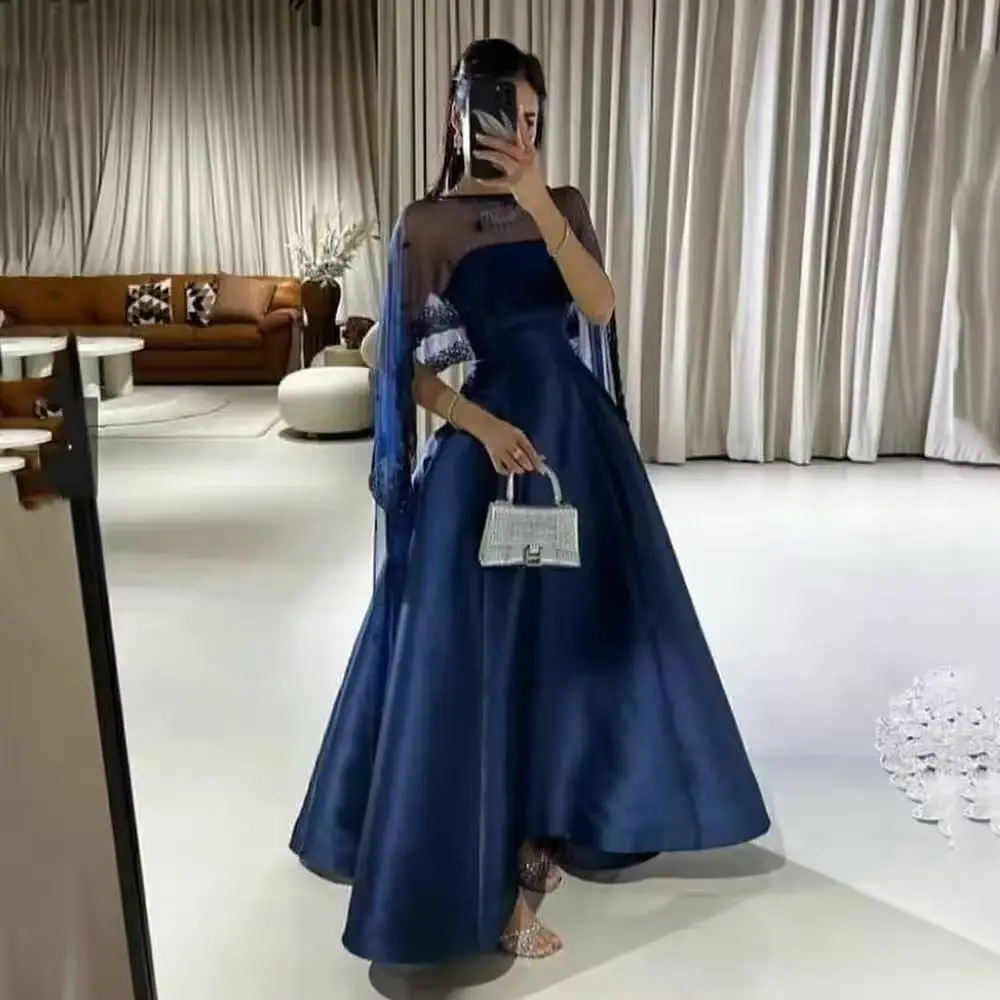 

Navy Blue A-Line Satin Prom Dresses Cape Ankle Length Women Elegant Formal Occasion Dress Evening Gowns Customized