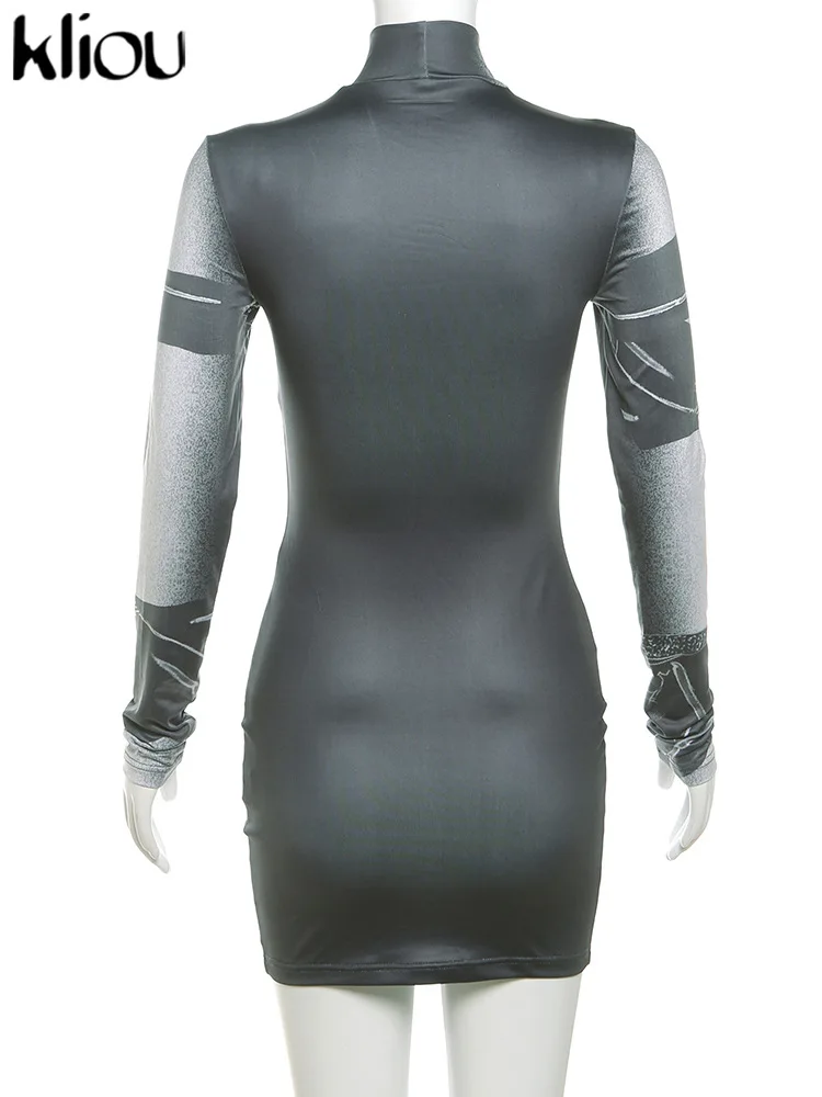 kliou 3D Body Print Mini Dress Women Vintage Unique Autumn Full Sleeve Stand Collar Slim Fit Robe Ladies Panelled Trend Vestido