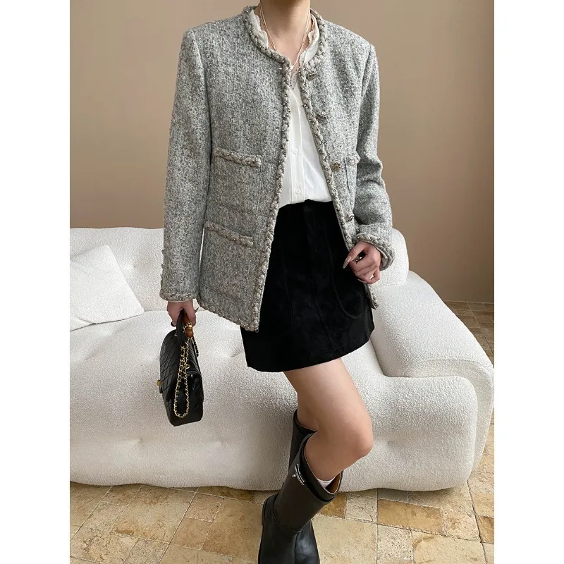 

Autumn Wool Tweed Oversized Jacket Gray Elegant Coat