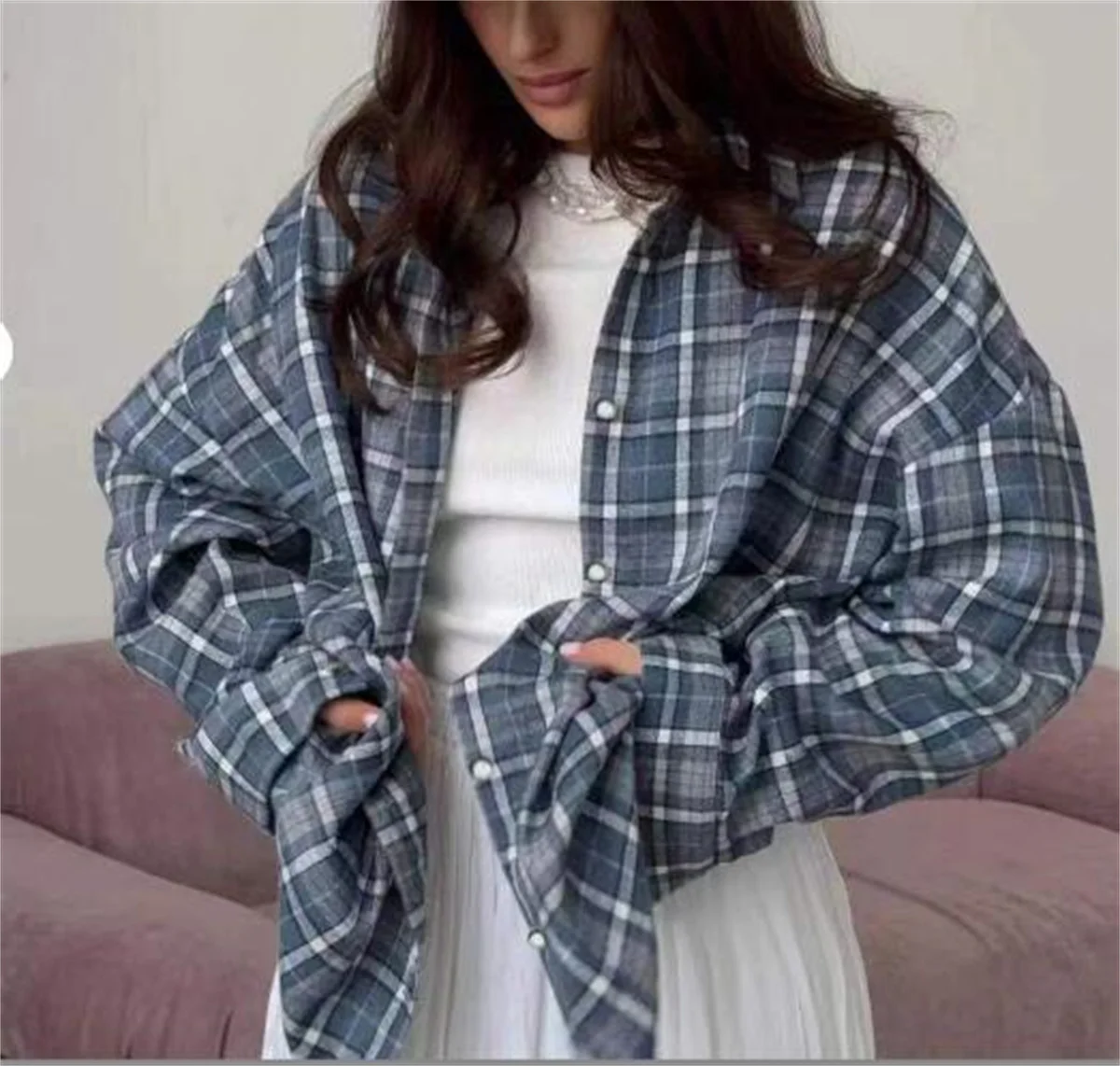 Women Vintage Basic Long Sleeve Shirt Oversized Lapel Loose Shirts Plaid Fashion Autumn Tops Casual Fit Blouse Korean Style 2024