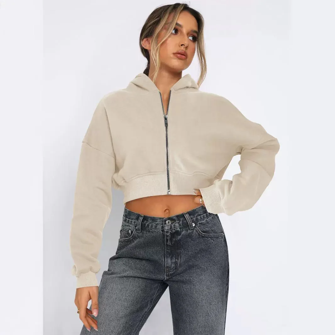 Fleece Zip Up Hoodie Sweatshirt Long Sleeved High Waist Crop Tops Outerwear Hoodies Streetwear for Women