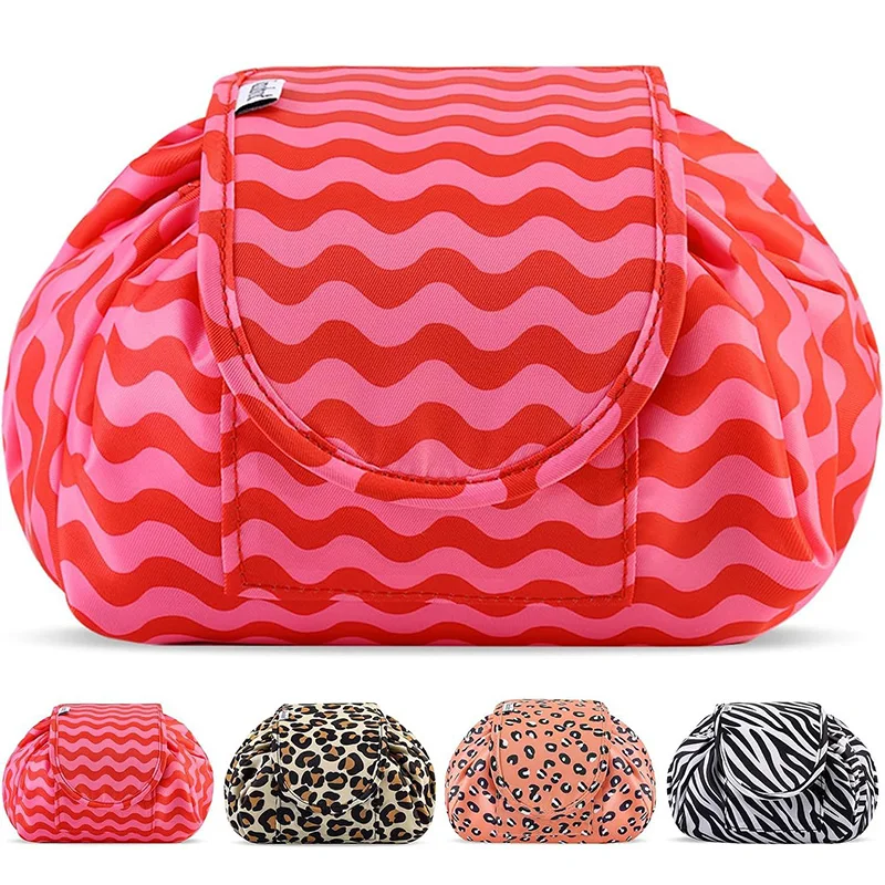Travel Makeup Bag Women Portable Water-reant Cosmetic  Puffy Padded Make Up Organizer Pouc Open Flat Toiletry Bag