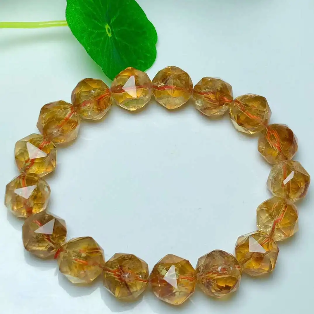 

Natural Citrine Facet Beads Bracelet Handmade Real Quartz Jewelry for Woman Men Unisex Stretch Bangle Gift