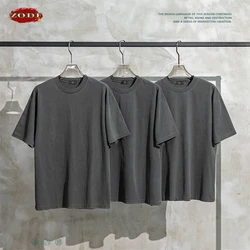 ZODF 2023 Summer Men Washed 200GSM Cotton T-Shirt Unisex Retro Loose Solid Dark Gray T Shirt Streetwears HY0601