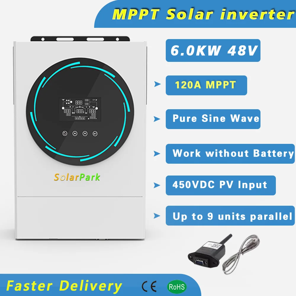 

Hybrid Solar Inverter 6.0KW 48V 230vac MPPT 120A Solar Charger PV Input 6000W 450vdc LED Ring Lights Touchable Button