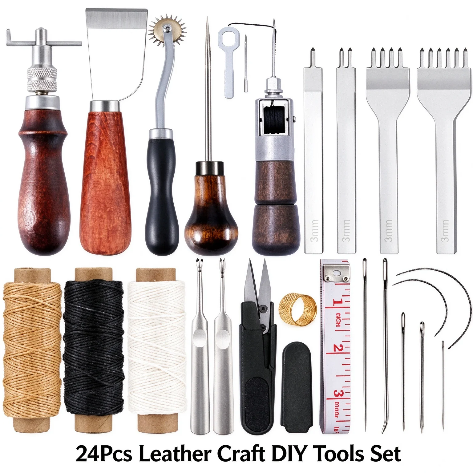 24Pcs Leather Craft Tools Set DIY Leather Working Kit with Stitching Chisel Groover Waxed Thread Hand Sewing Tools for Leathercr