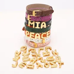 Gold Plated A-Z Letter DIY Name Bracelets for Women Colorful Genuine Leather Belt Band Initial Bracelets Copper Jewelry brtd91