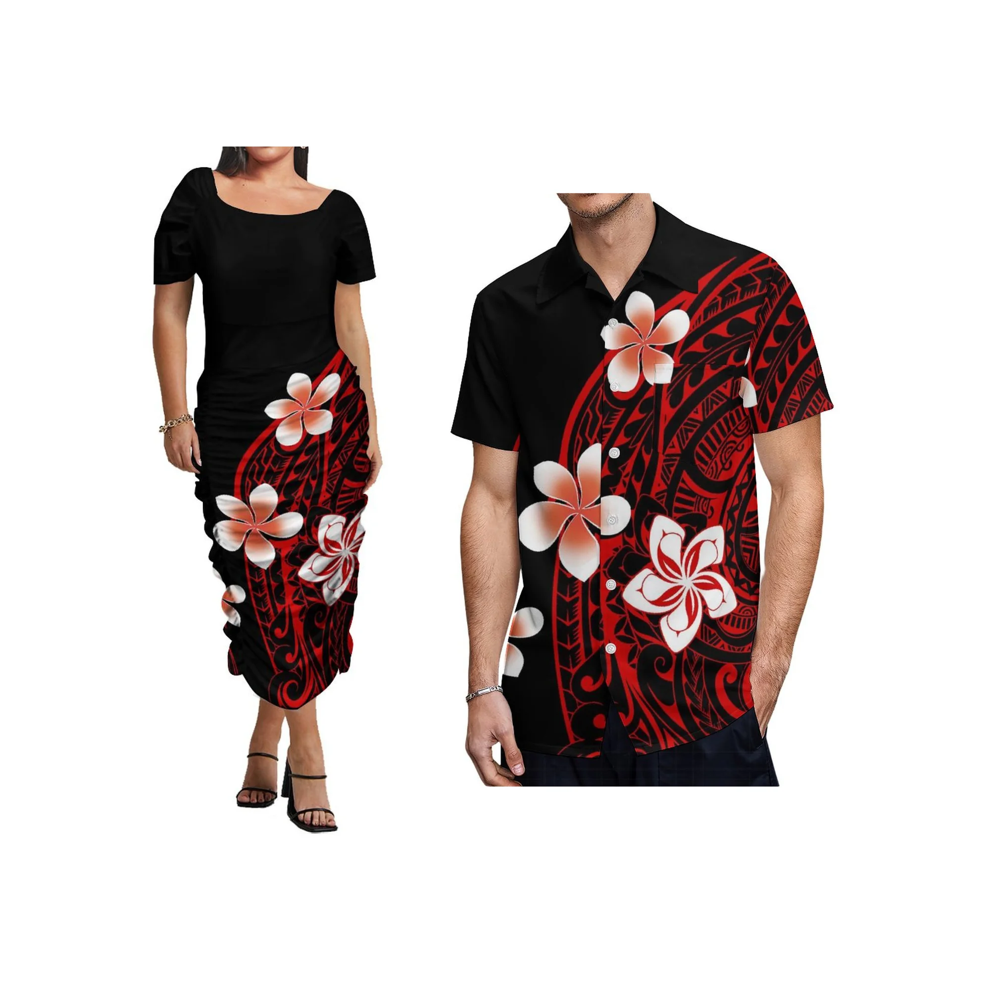 

Пользовательское полинезийское платье миди с пышными рукавами Elei, женское элегантное облегающее плиссированное повседневное платье с высокой талией