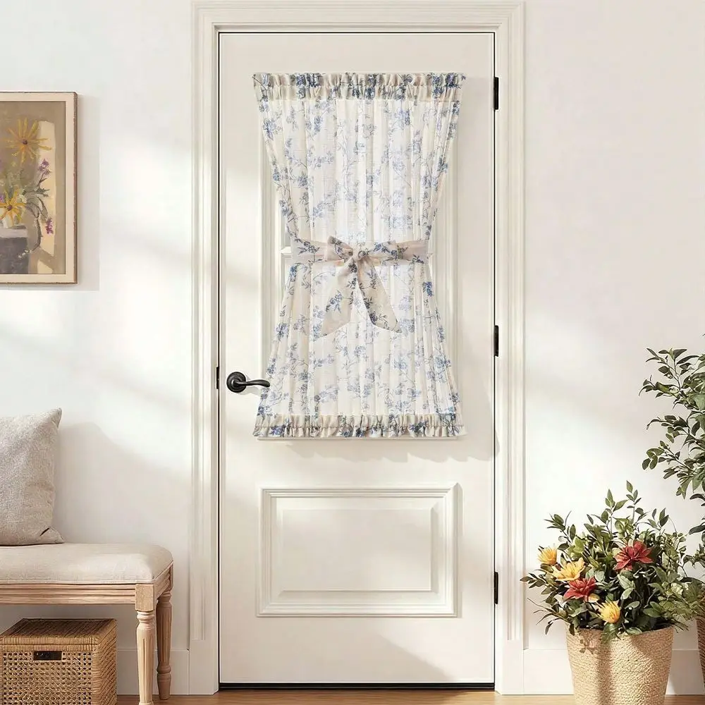 1 Panel Floral French Door Curtain Panel Farmhouse Decor Light Filtering Linen With Tie  Bow For Glass Door Or Patio 40 Inch