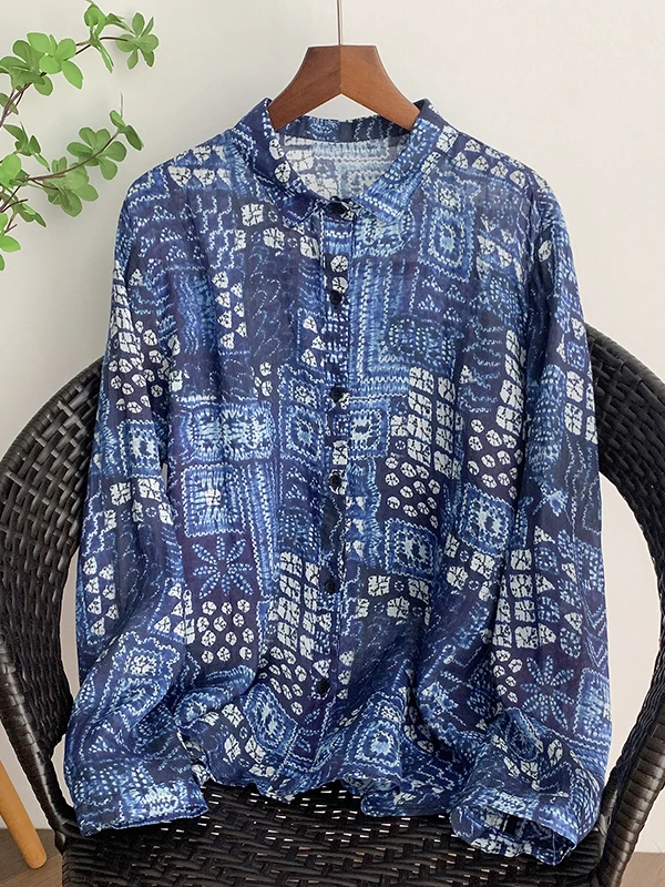 

Синий хлопковый льняной длинный све, свободный женский открытый кардиган с художественным винтажным принтом, дышащий тонкий осенний топ