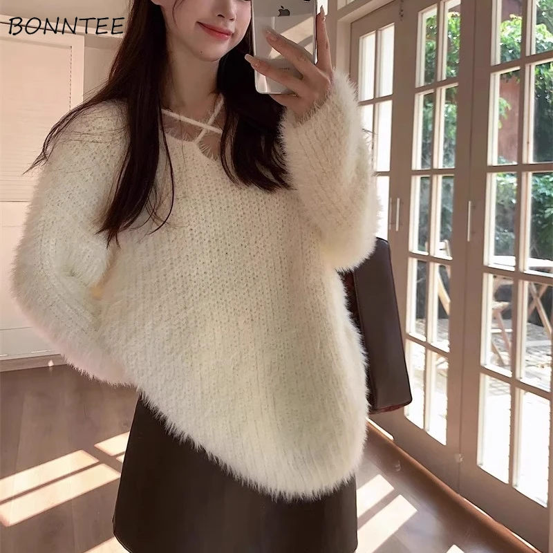 

Пуловеры с v-образным вырезом, женские пушистые осенне-зимние нежные модные трикотажные изделия Корейская Мода Нежная уличная одежда для девочек Темпера Свитер Женский