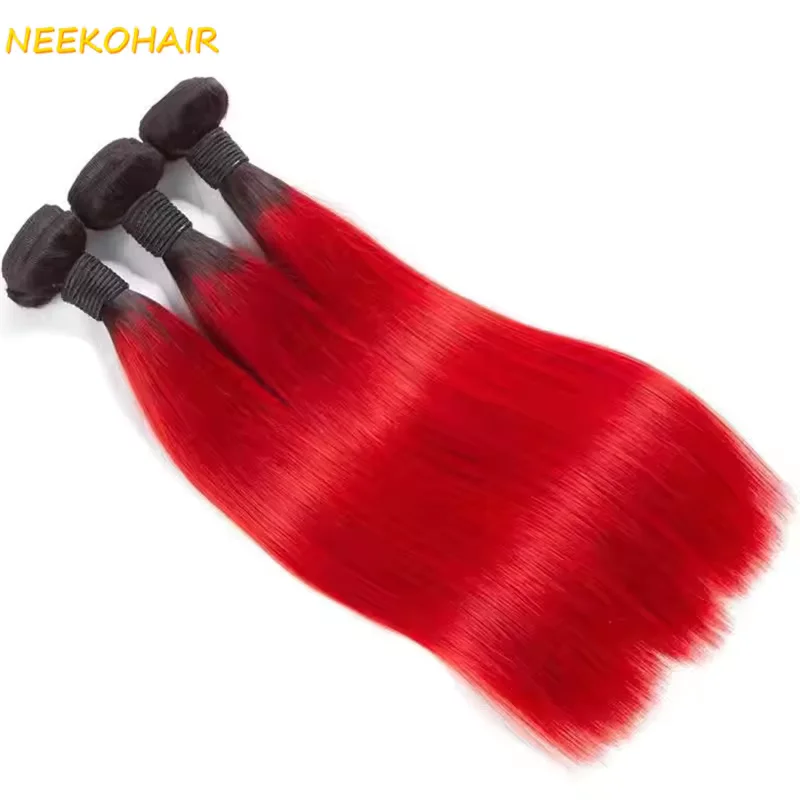 أومبير 1B/أحمر اللون 3 حزم مع إغلاق 4x4 نسج مستقيم ريمي 100% شعر بشري برازيلي 1B/أحمر 3 حزم مع أمامي 13x4