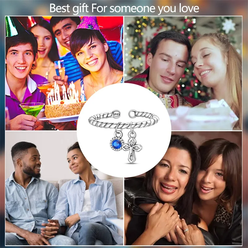クラシックオリジナル 925 スターリングシルバーレトロスタイルブルージルコンクロス調節可能なオープンリング女性女の子ジュエリー誕生日ギフト