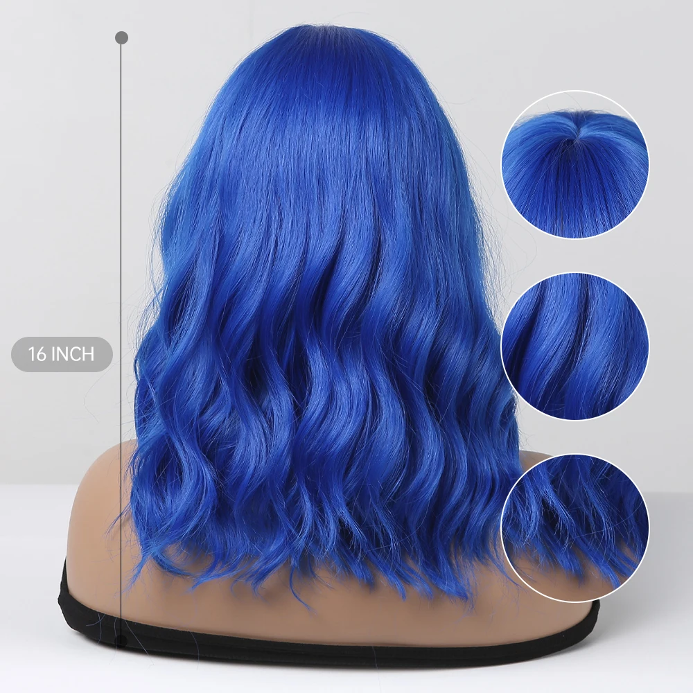 TINY LANA Blau Lockige Medium Synthetische Perücken mit Pony Kurze Bob Cosplay Natürliche Welle Perücke für Frauen Afro Hitze Beständig haar