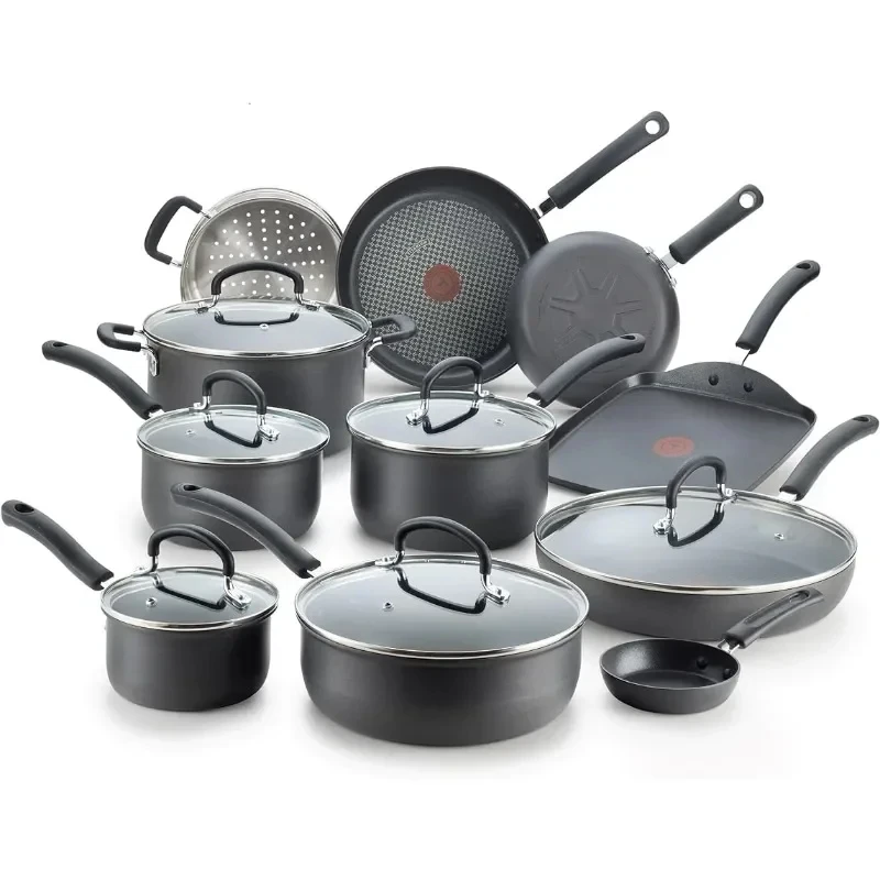 T-fal Ultimate Hard Anodized Nonstick Cookware Set 17 Piece Oven Broiler Safe 400F, Lid Safe 350F Pots and Pans, Dishwasher Safe