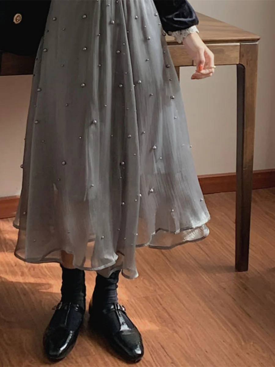 

Сверхтяжелая юбка-миди из хлопка с эффектом жемчужного блеска, однотонная, фееричная, для повседневной носки, с завышенной талией, А-силуэт