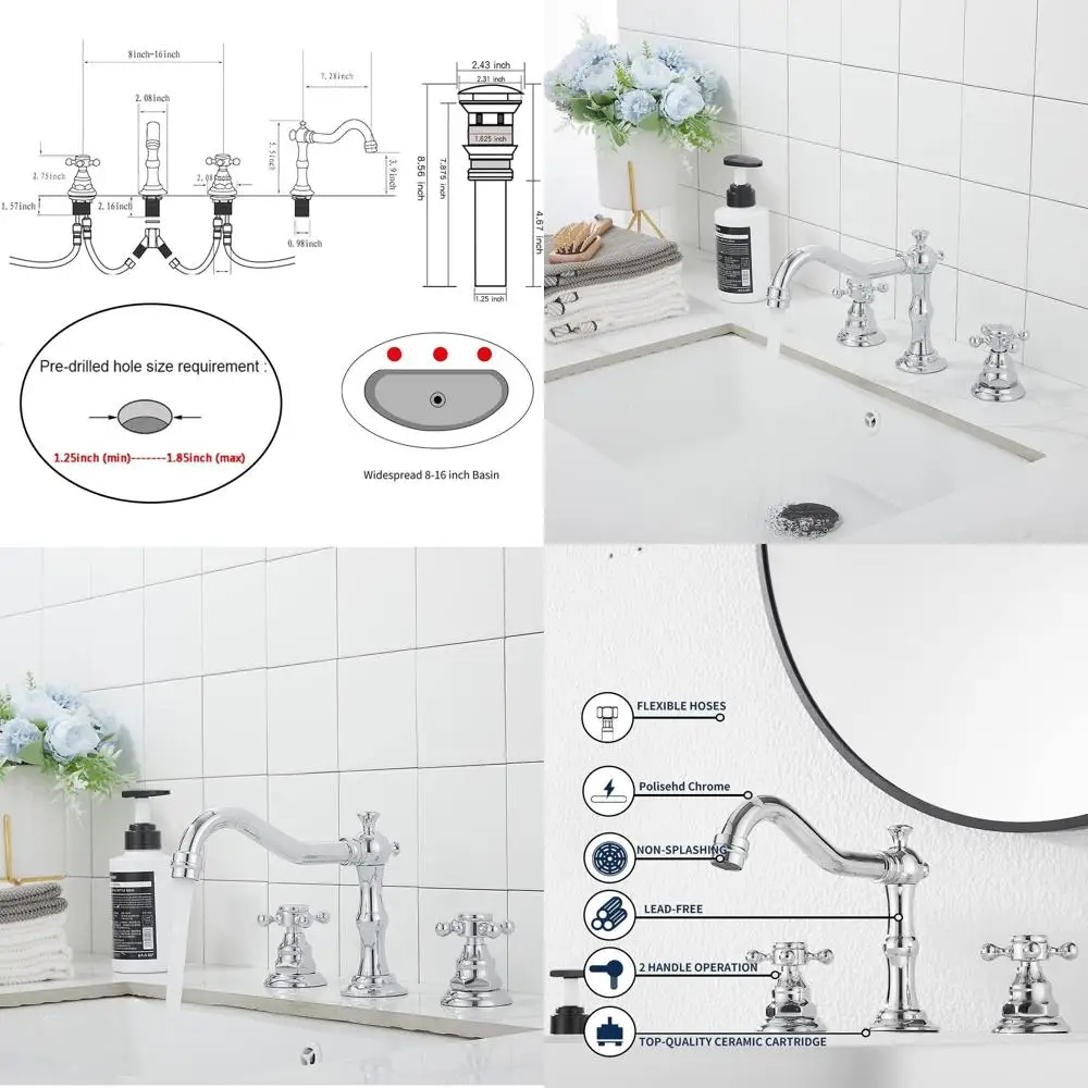 

8-16 Inch Widespread Chrome Bathroom Sink Faucet with 3 Handles and Basin Mixer Tap