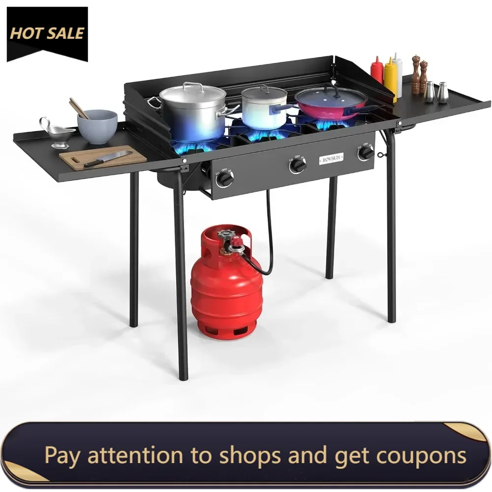 

3 Burner Gas Stove with 2 Side Shelves, 225,000BTU Portable Propane Stove with Removable Leg, Wind Panel, Regulator for Camping