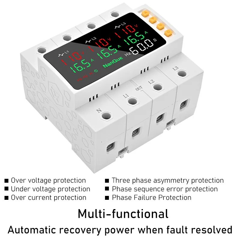 Three Phase 3PN Adjustable Voltage Current Protector AC100-240 200-440V Phase Asymmetry Sequence Error Protect Volt Amp Meter