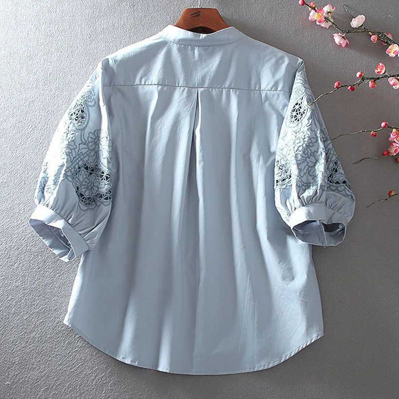 Cotton Hollow-out Embroidered Shirts 2023 New Summer Loose Single Breasted Women\'s Blouse Lantern Sleeve Elegant Tops Feminine