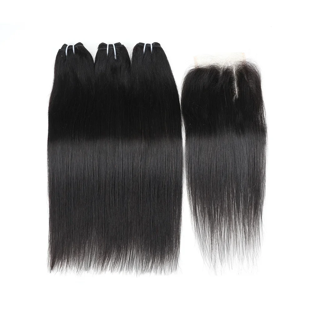 Dam Hair-Mèches Brésiliennes Remy Raides avec Closure, Extensions de Cheveux 100% Naturels, Non Traités, 4x4, 3 Lots